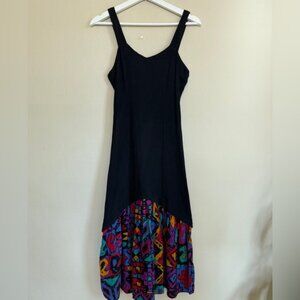 Vintage Visionz Midi Dress Black Multicolor Pattern Colorful Ribbed Women